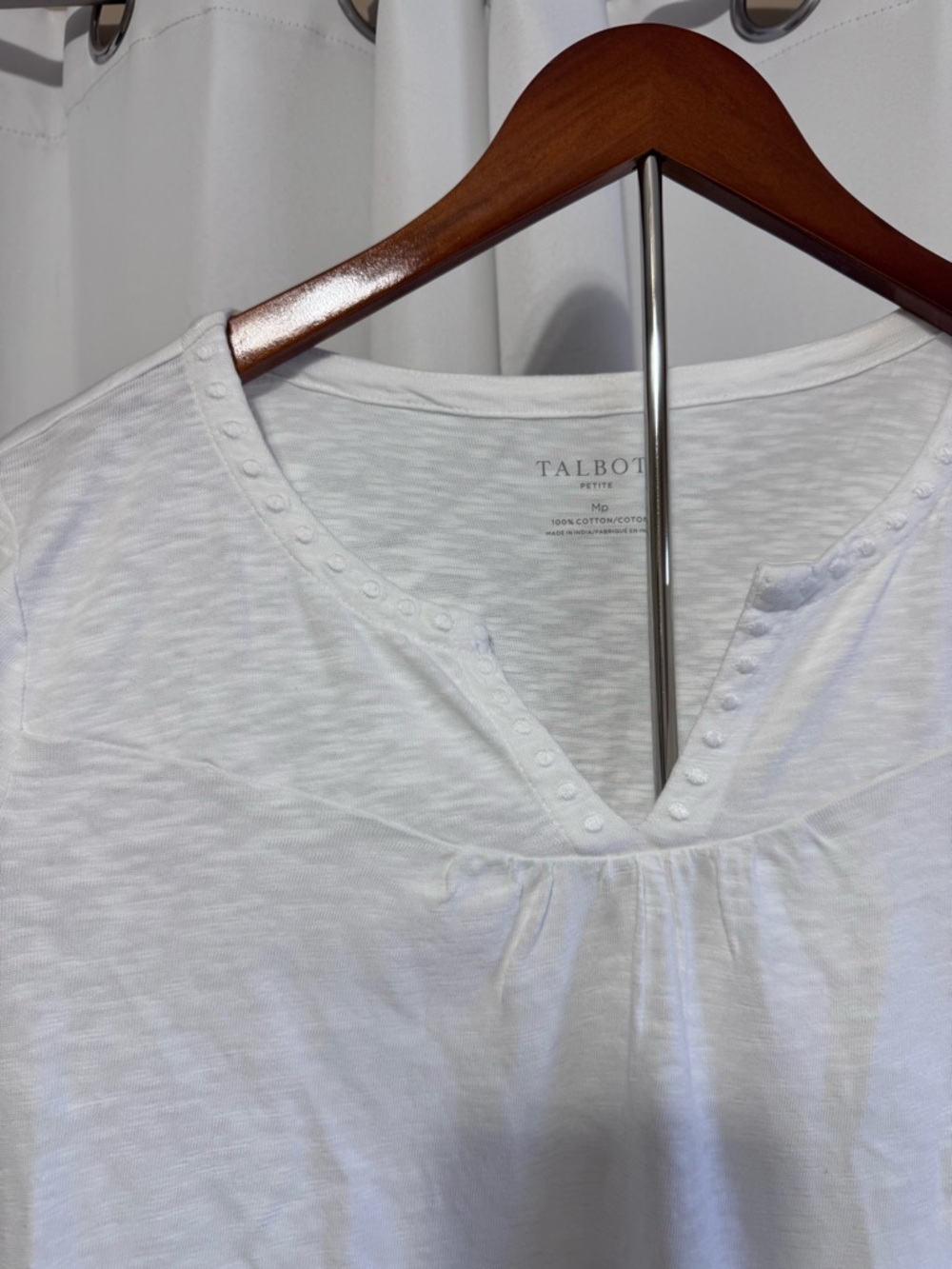 Talbots White Petite V-Neck Dot-Trim Cotton Tee